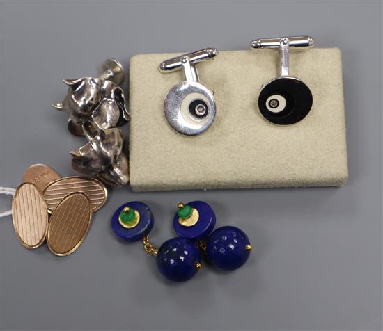 Four pairs of cufflinks: 9ct gold, lapis lazuli and two silver pairs including dogs head with enamel.